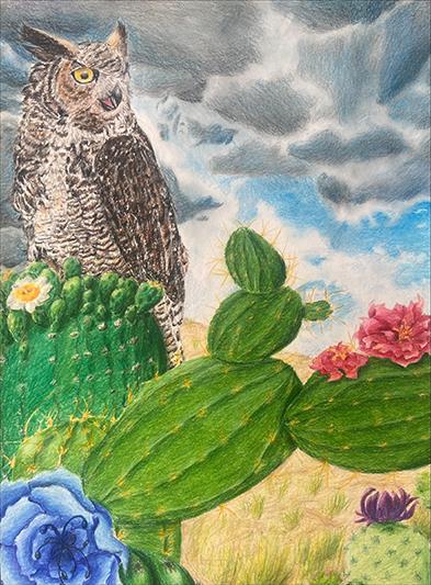 Goodson Middle School sixth grade student Vicky Xin’s artwork “The Great Horned Call!,” earned a gold medal.